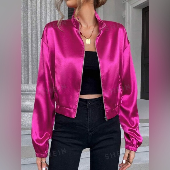 💕 Essence Zip Magenta Satin Jacket 💕 Small 🔥 Never worn! New in bag! 🔥 - Picture 5 of 9